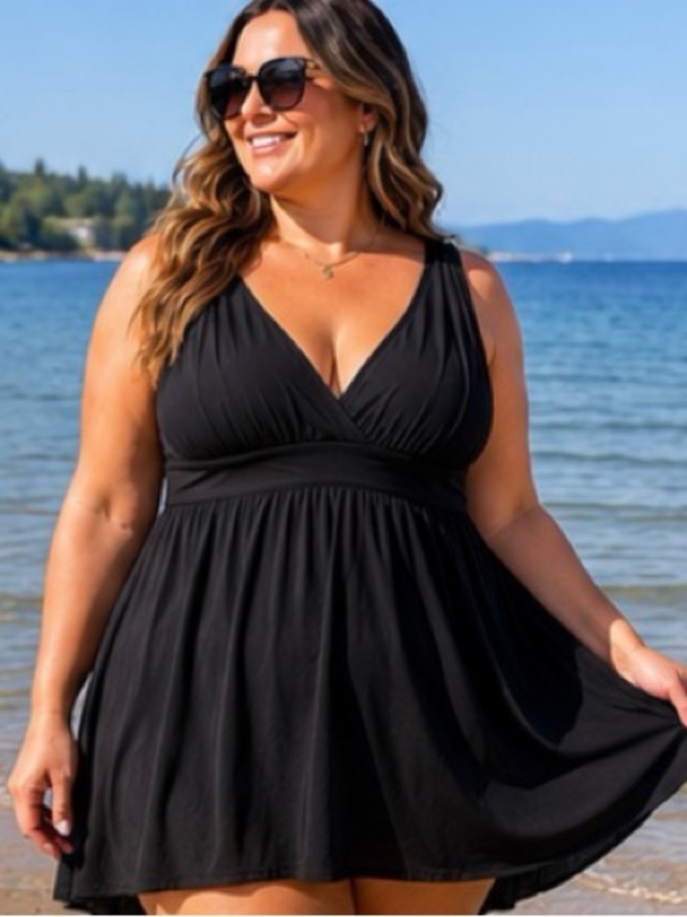 Longitude Black V-Neck Swimdress with Flared Skirt